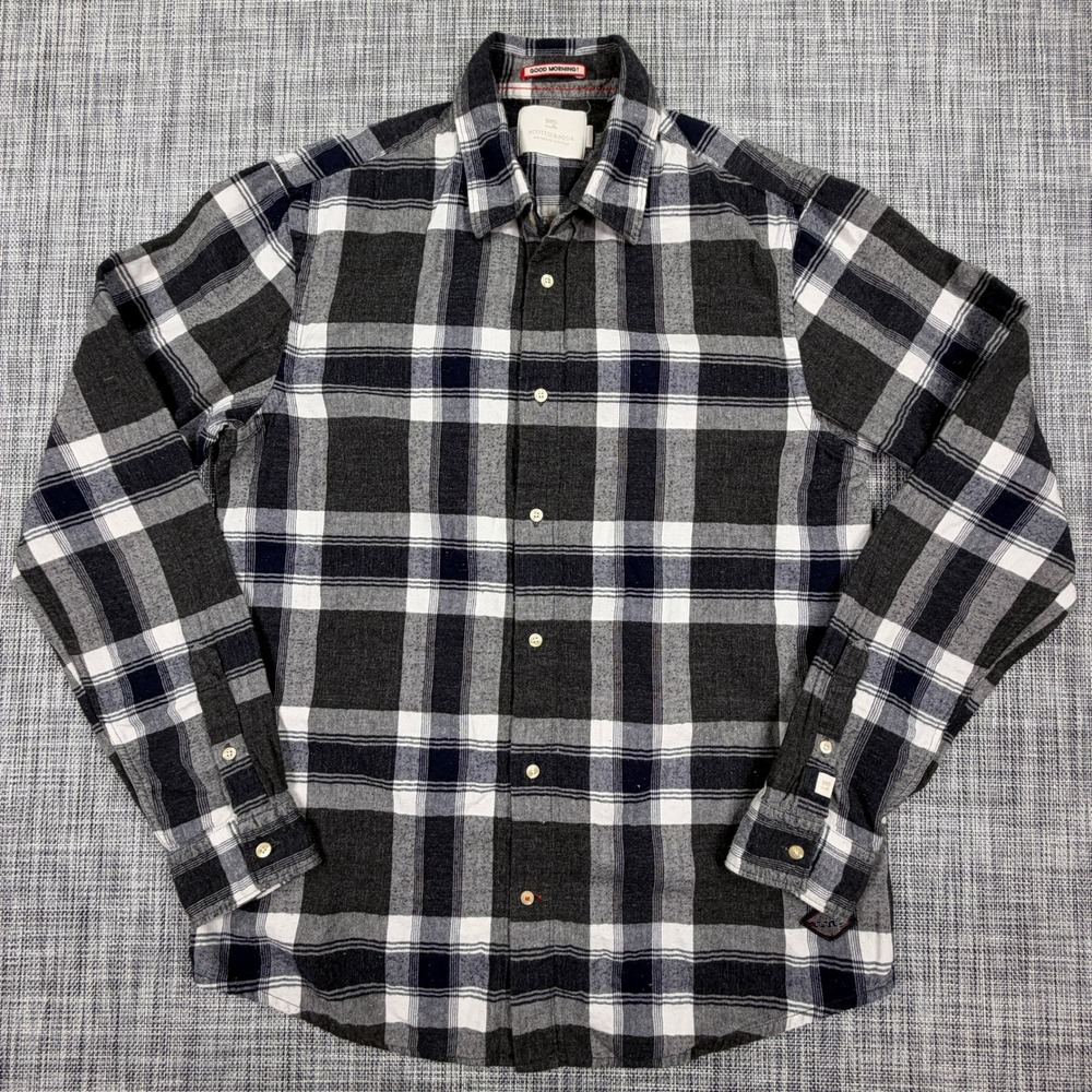 Scotch & Soda Mens Plaid Shirt M Charcoal Navy Cotton Long Sleeve Button Up